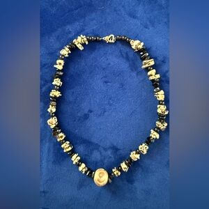 Black and Cream Carved GemStone Bead Necklace